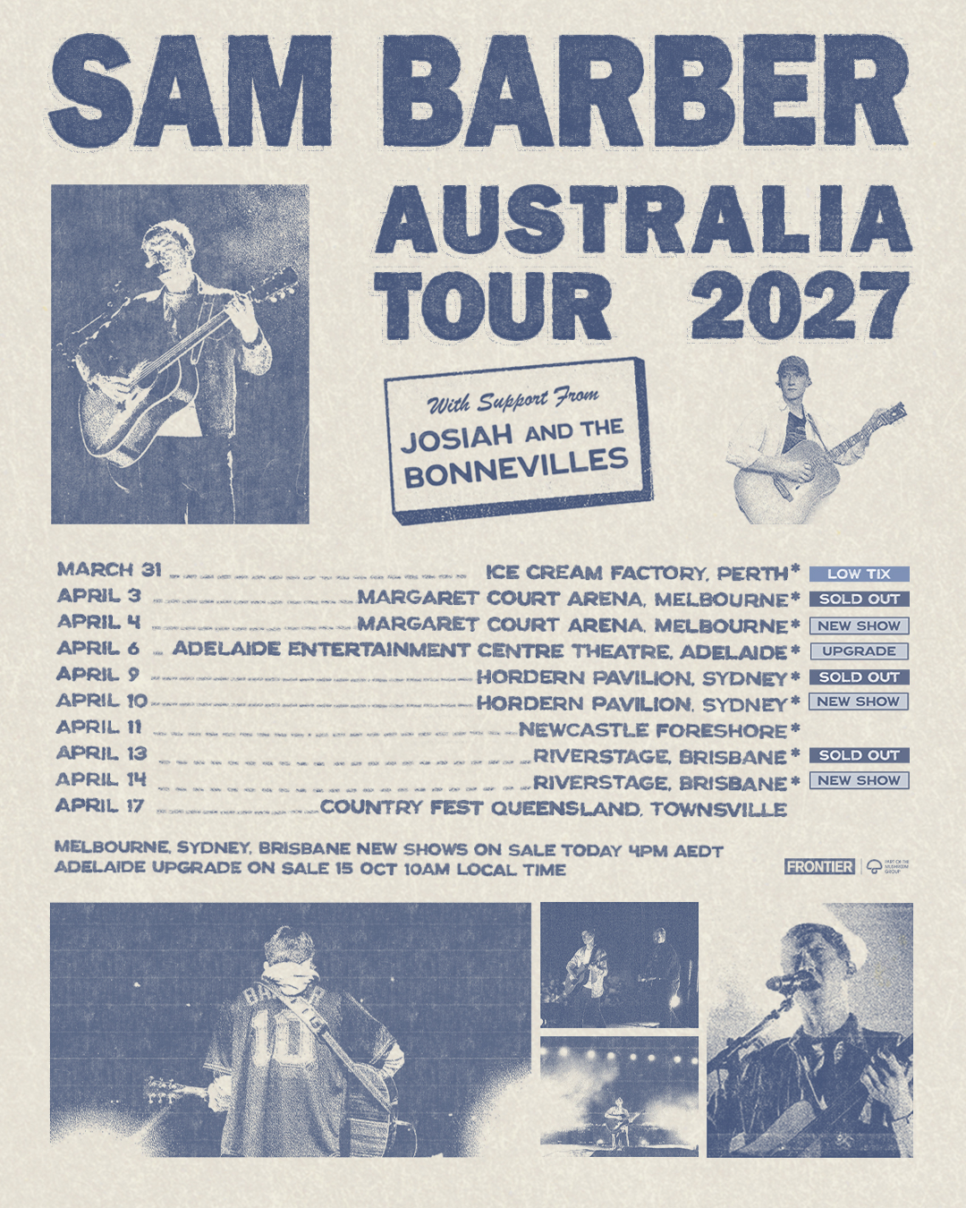 Sam Barber Australia Tour 2027 poster with support from Josiah and the Bonnevilles, performance photos, and March-April dates.